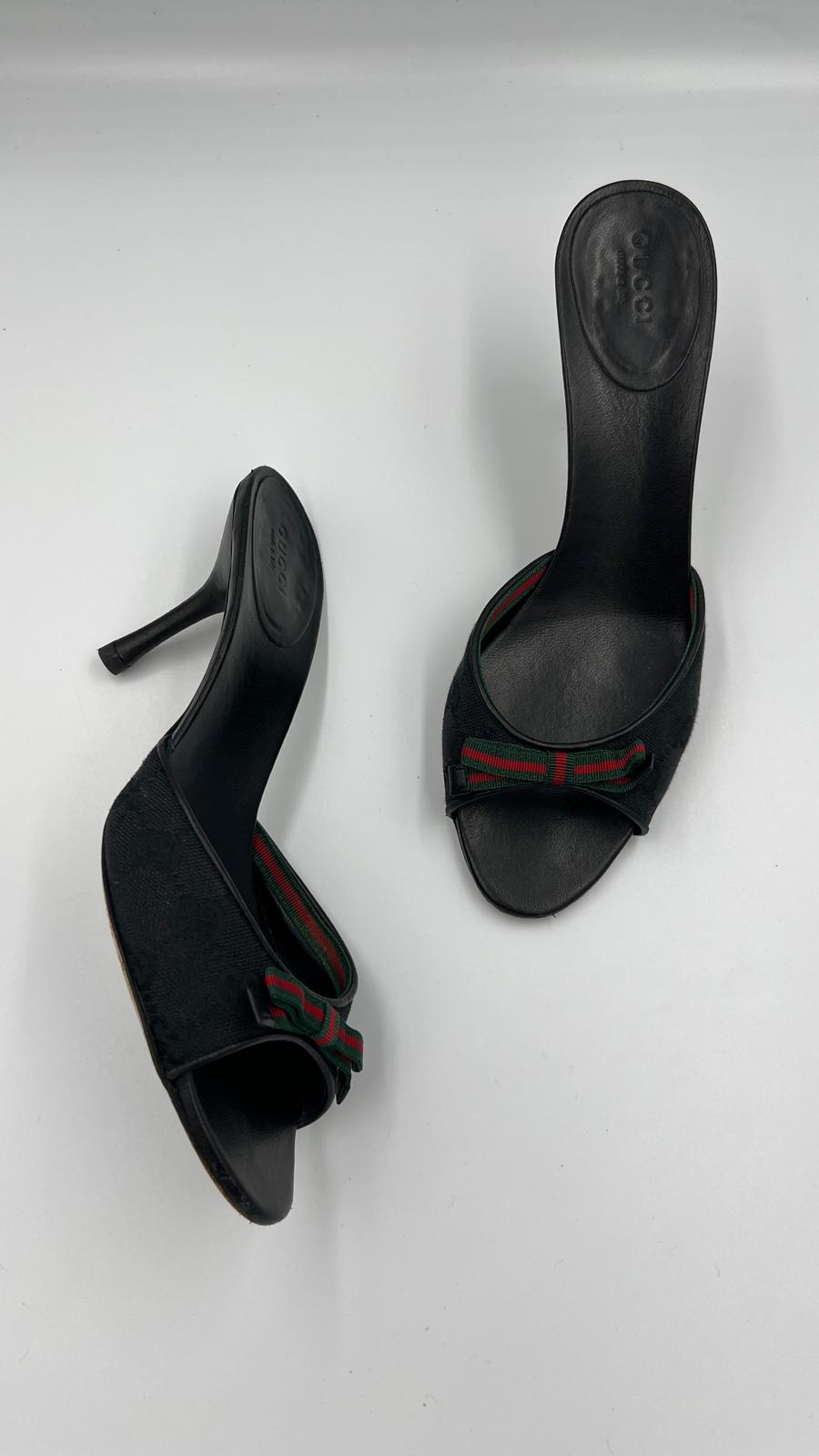 Vintage Gucci Web Bow Heeled Mules Size US 7