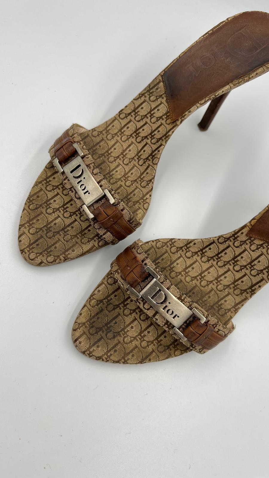 Dior Oblique Monogram Heeled Mules Size US 8.5