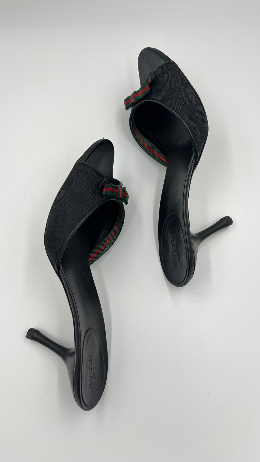 Vintage Gucci Web Bow Heeled Mules Size US 7