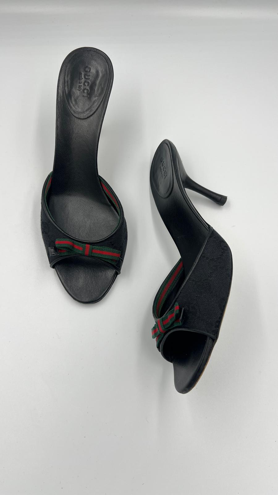 Vintage Gucci Web Bow Heeled Mules Size US 7