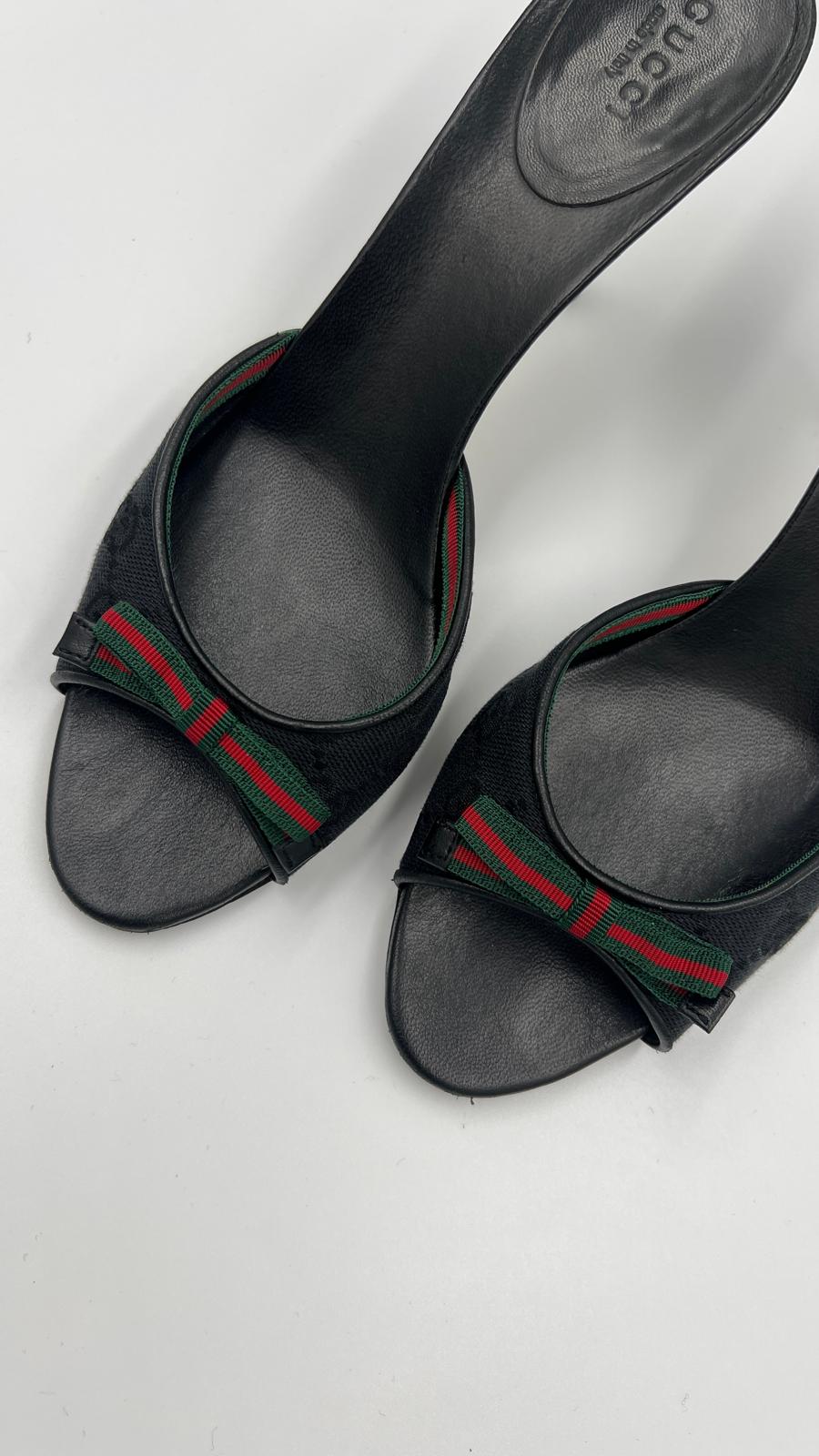 Vintage Gucci Web Bow Heeled Mules Size US 7
