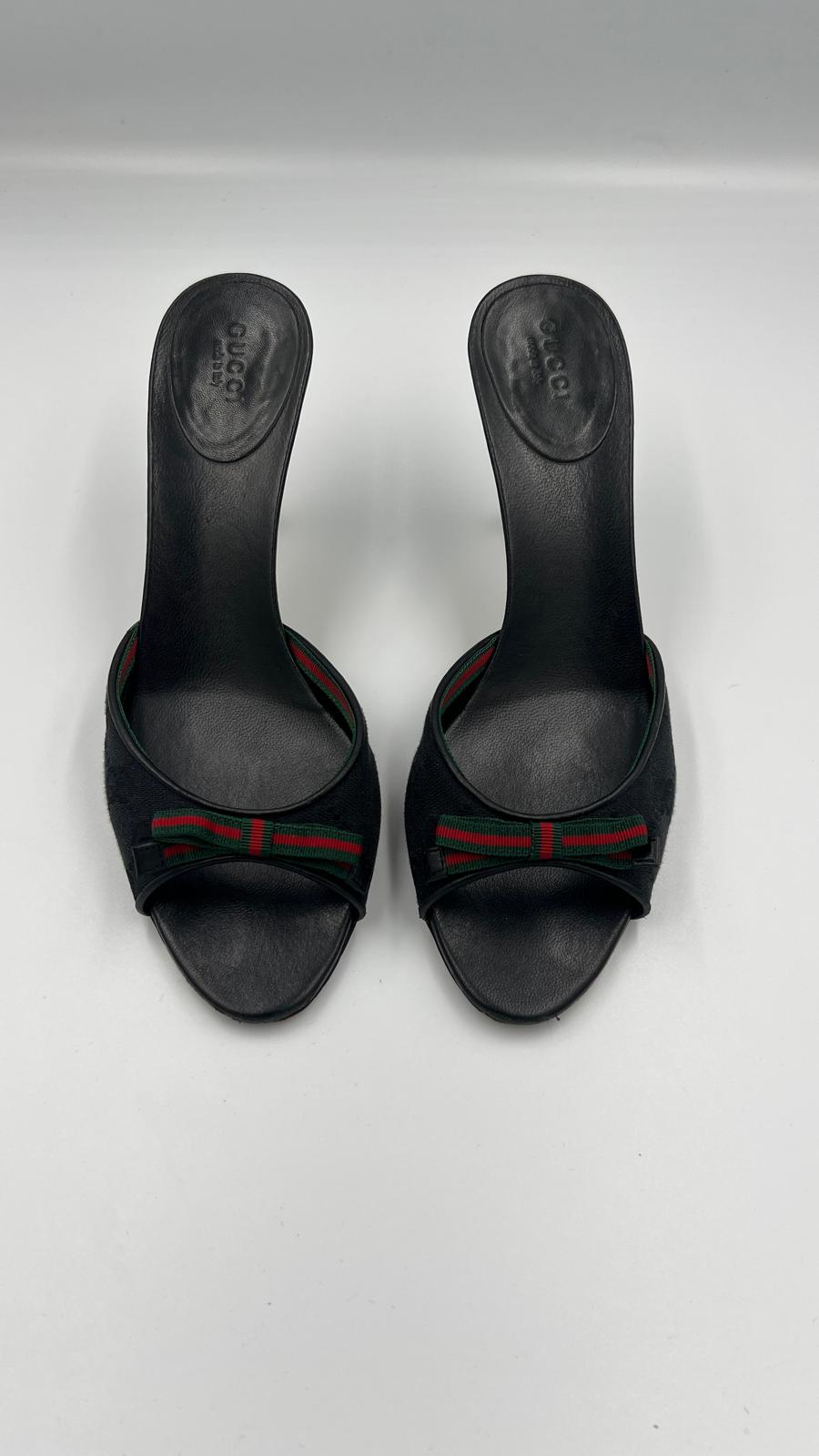 Vintage Gucci Web Bow Heeled Mules Size US 7
